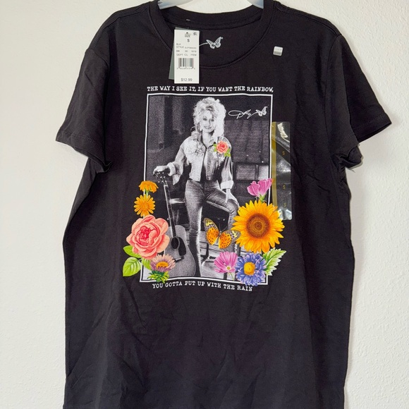 Black Dolly Parton Tee with Floral Design size S Brand New W Tags - Picture 5 of 7